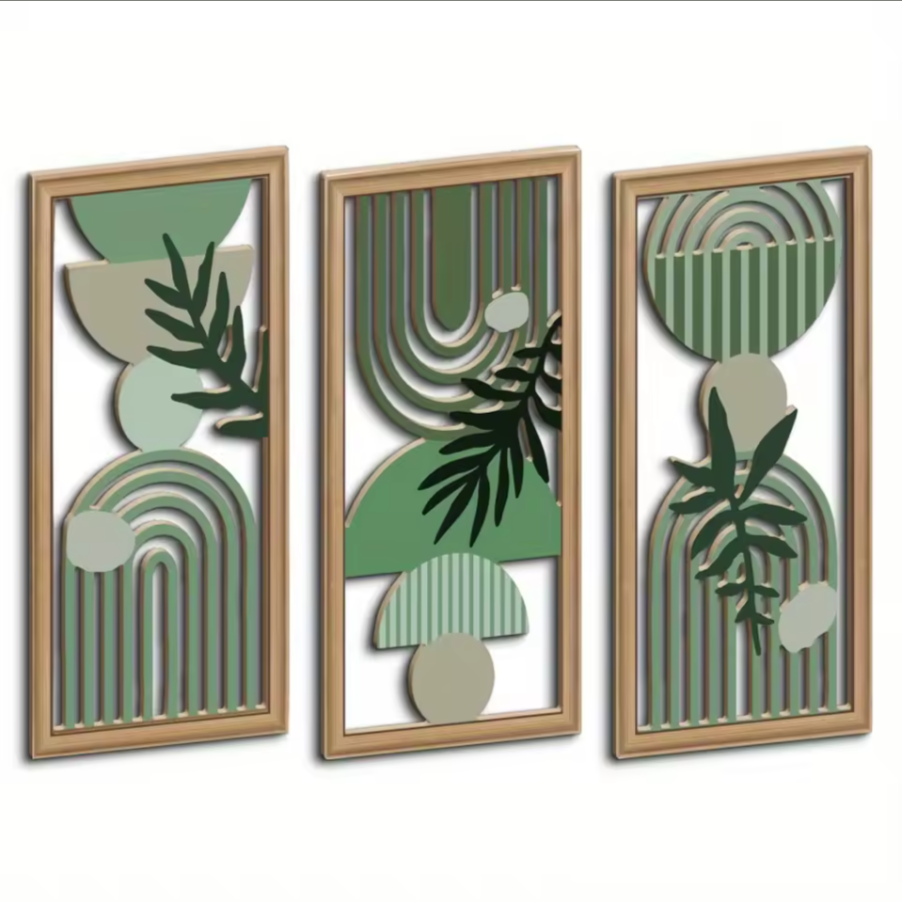 3-Piece Boho Wooden Wall Art Set | Rustic Leaf Pattern Hanging Decor
