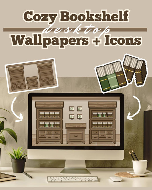 Cozy Bookshelf Desktop Wallpaper: Pixel Art Icons (Digital Download)