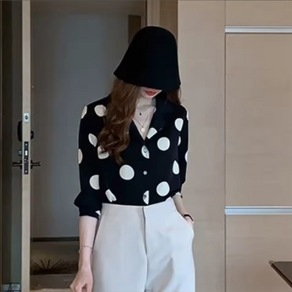 Stylish Trendy Formal Polka-Dot Office Blazer Dress Shirt Low V-Neck
