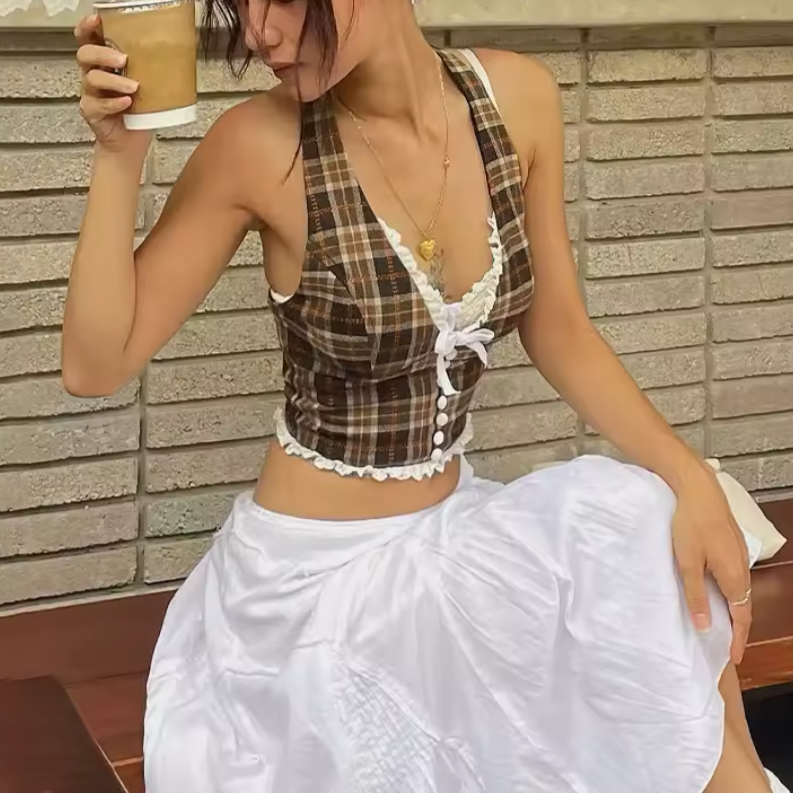Cozy Coffee Plaid Vintage Aesthetic Halter Backless Crop Top With Frilly White Trim
