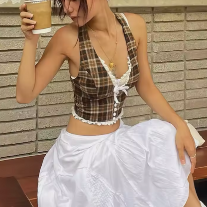 Cozy Coffee Plaid Vintage Aesthetic Halter Backless Crop Top With Frilly White Trim