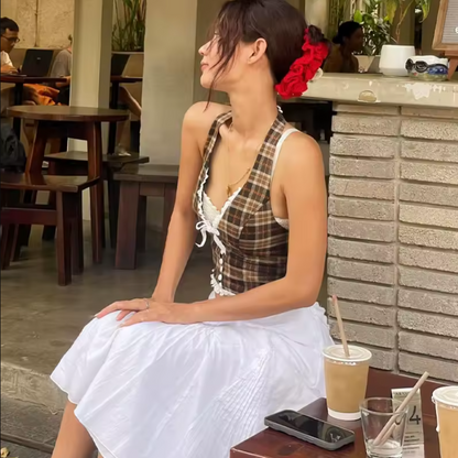 Cozy Coffee Plaid Vintage Aesthetic Halter Backless Crop Top With Frilly White Trim