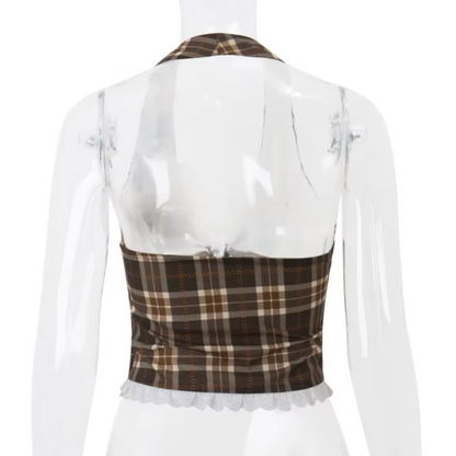 Cozy Coffee Plaid Vintage Aesthetic Halter Backless Crop Top With Frilly White Trim