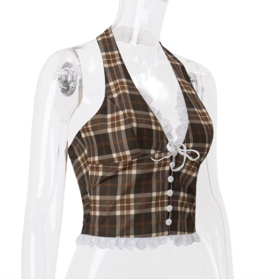 Cozy Coffee Plaid Vintage Aesthetic Halter Backless Crop Top With Frilly White Trim