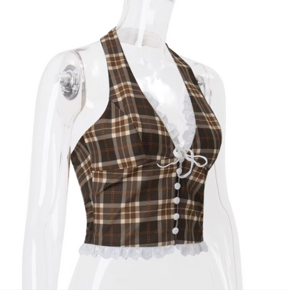 Cozy Coffee Plaid Vintage Aesthetic Halter Backless Crop Top With Frilly White Trim