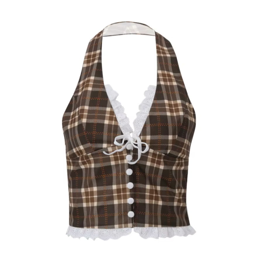 Cozy Coffee Plaid Vintage Aesthetic Halter Backless Crop Top With Frilly White Trim