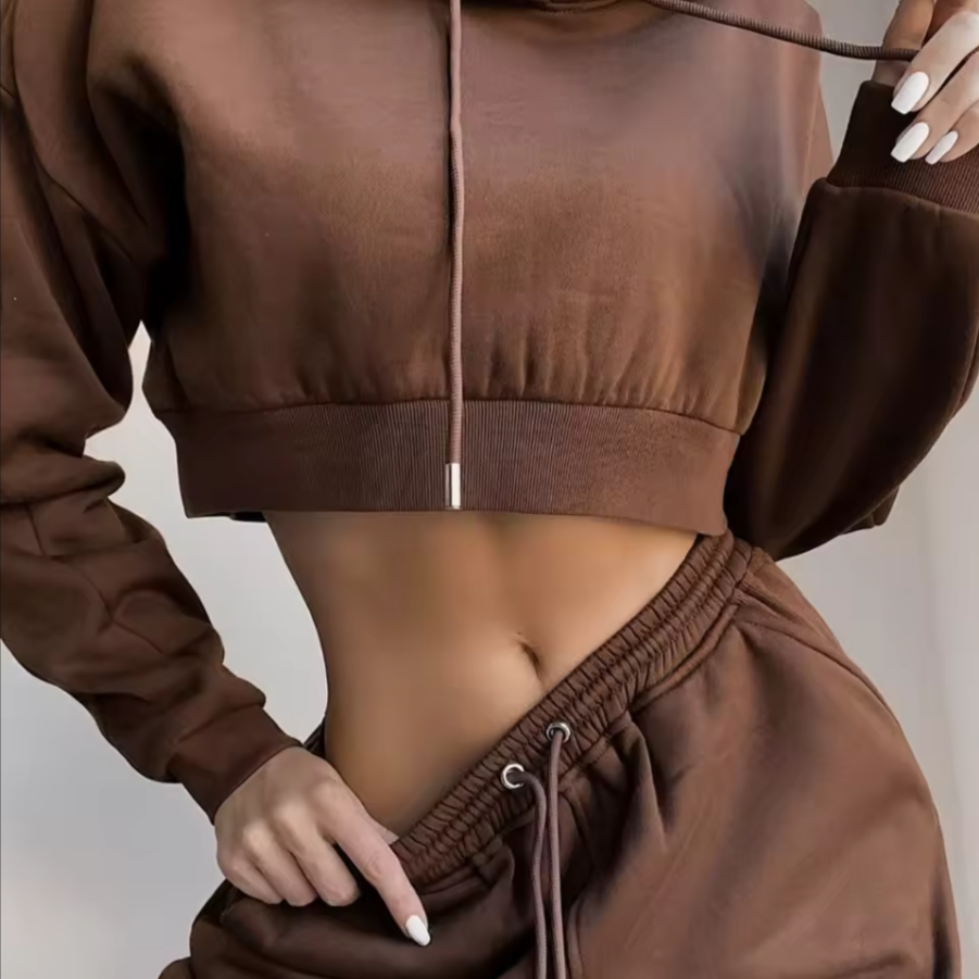 Chunky 2PC Warm Woman's Fleece Crop Hoodie Sweatpants Set