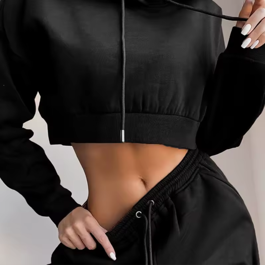 Chunky 2PC Warm Woman's Fleece Crop Hoodie Sweatpants Set