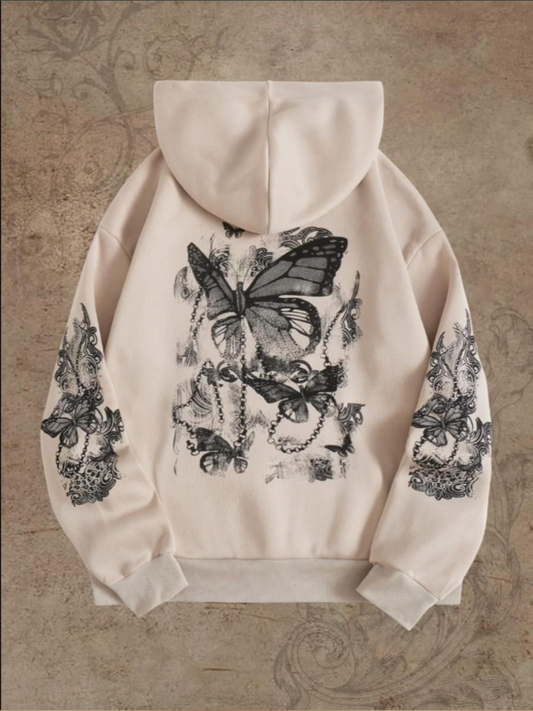 Beautiful Butterfly Black Ink Print Hoodie Enchanting Intricate Design