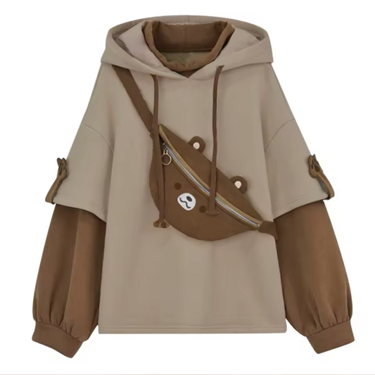 Adorable Bear Pouch Strap Drawstring Chunky Hoodie - With Teddy Fanny Pack Purse