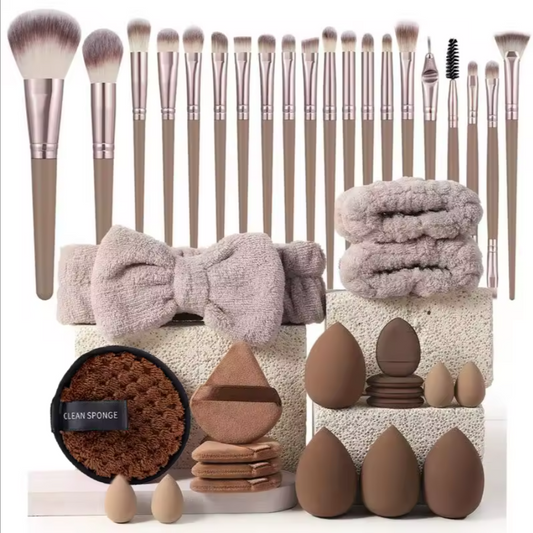 40PC Large Luxury Makeup Tools Self Care Set For Makeup Routine Powder Puff Beige