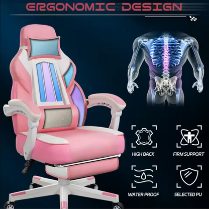 Ergonomic Plushy Pink Gaming Massage - Soft Puffy Cushion Recline + Foot Rest