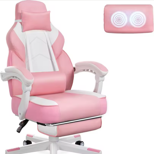 Ergonomic Plushy Pink Gaming Massage - Soft Puffy Cushion Recline + Foot Rest