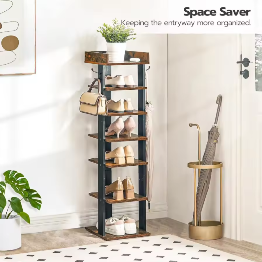 7-Tier Vertical Shoe Rack | Modern Walnut Entryway Storage Shelf