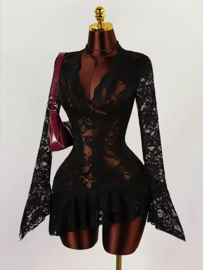 Sheer Lace V-Neck Mini Dress | Flowy Ruffle Flare Sleeve Dress