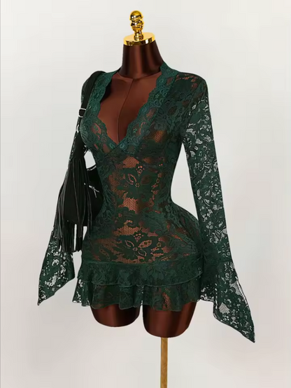 Sheer Lace V-Neck Mini Dress | Flowy Ruffle Flare Sleeve Dress