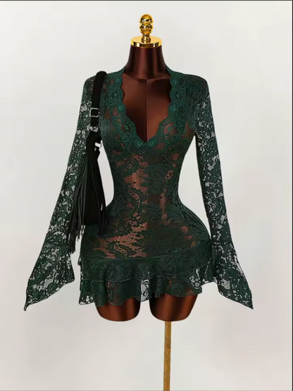 Sheer Lace V-Neck Mini Dress | Flowy Ruffle Flare Sleeve Dress