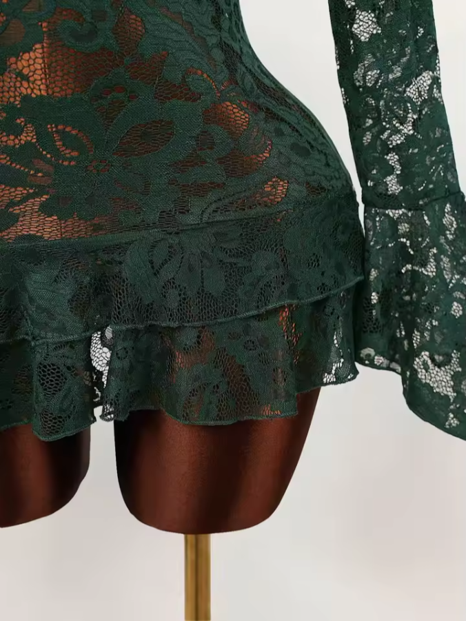 Sheer Lace V-Neck Mini Dress | Flowy Ruffle Flare Sleeve Dress