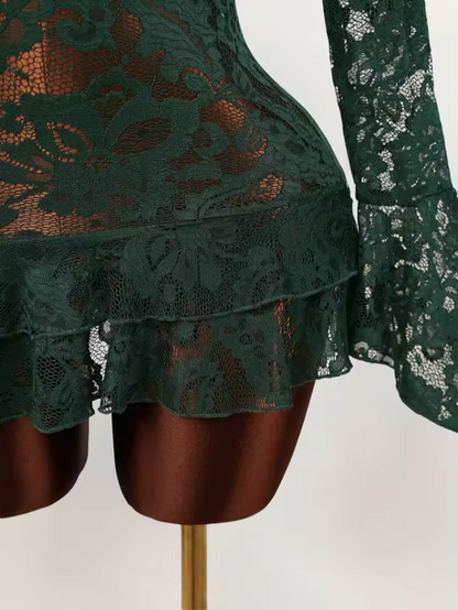 Sheer Lace V-Neck Mini Dress | Flowy Ruffle Flare Sleeve Dress