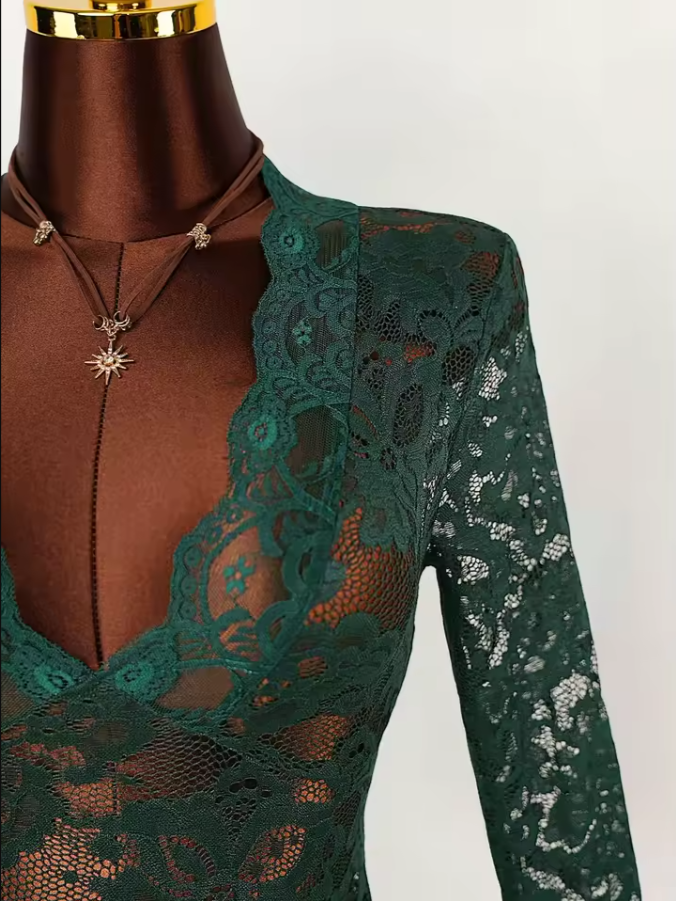 Sheer Lace V-Neck Mini Dress | Flowy Ruffle Flare Sleeve Dress