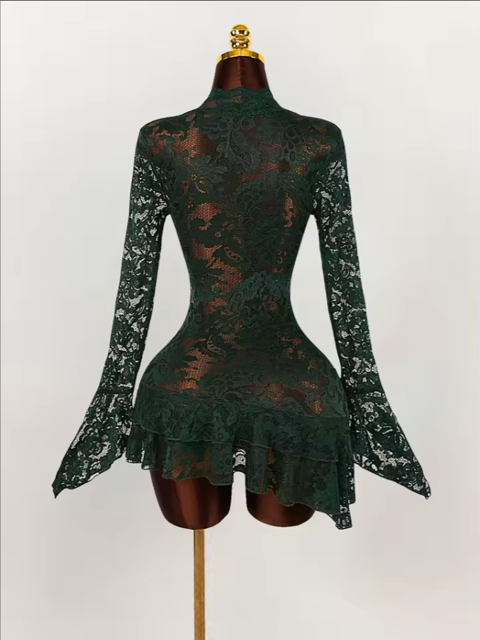 Sheer Lace V-Neck Mini Dress | Flowy Ruffle Flare Sleeve Dress