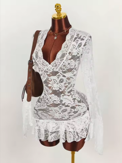 Sheer Lace V-Neck Mini Dress | Flowy Ruffle Flare Sleeve Dress