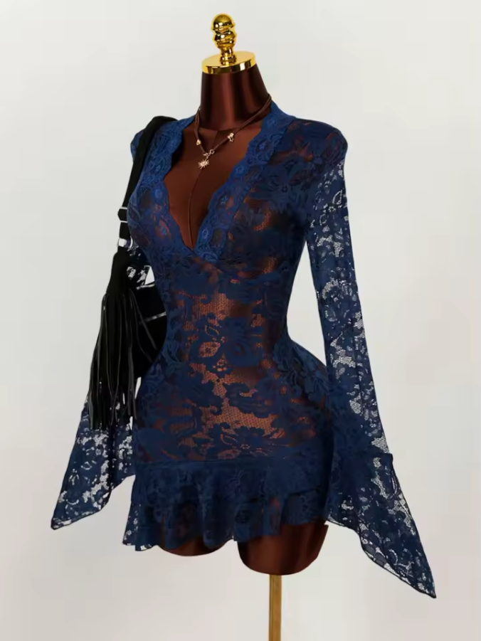 Sheer Lace V-Neck Mini Dress | Flowy Ruffle Flare Sleeve Dress