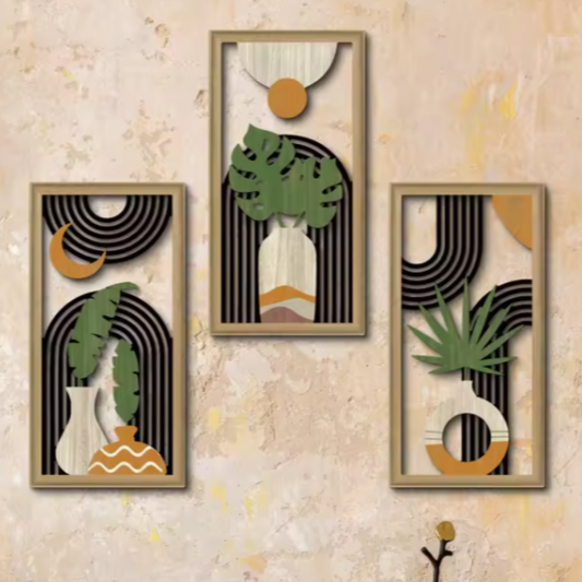 3-Piece Boho Wooden Wall Art Set | Rustic Leaf Pattern Hanging Decor
