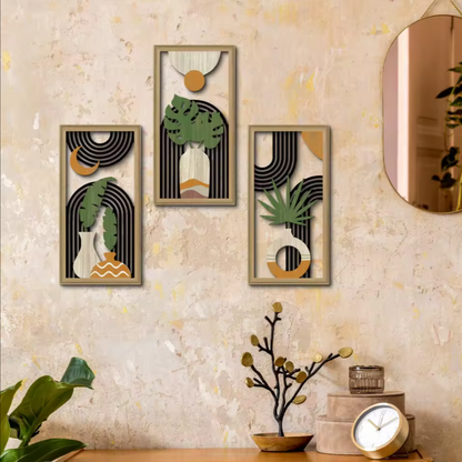 3-Piece Boho Wooden Wall Art Set | Rustic Leaf Pattern Hanging Decor