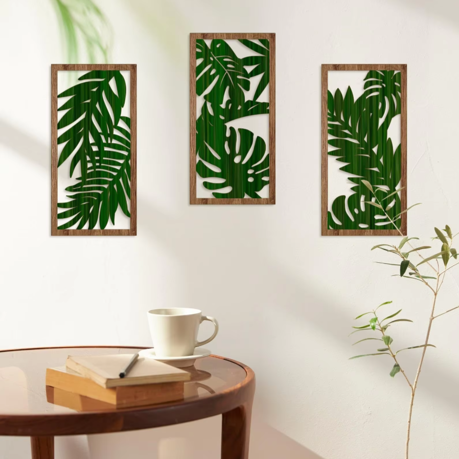3-Piece Boho Wooden Wall Art Set | Rustic Leaf Pattern Hanging Decor