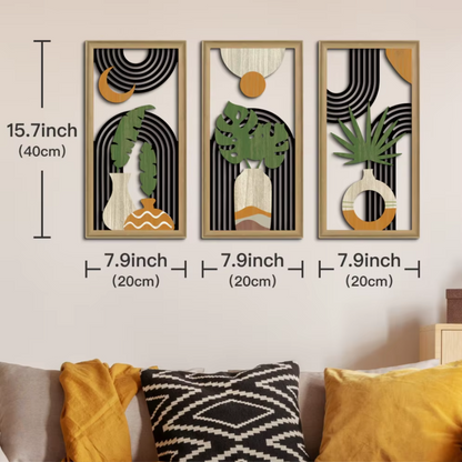3-Piece Boho Wooden Wall Art Set | Rustic Leaf Pattern Hanging Decor