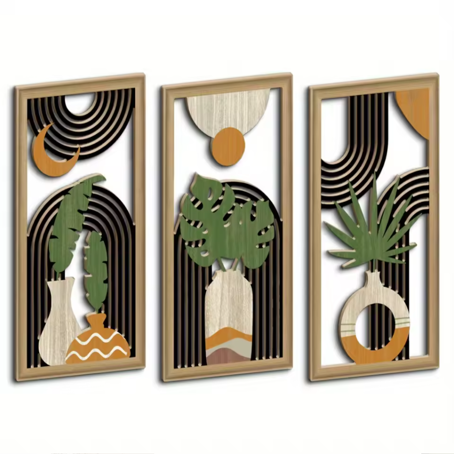 3-Piece Boho Wooden Wall Art Set | Rustic Leaf Pattern Hanging Decor