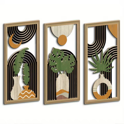 3-Piece Boho Wooden Wall Art Set | Rustic Leaf Pattern Hanging Decor