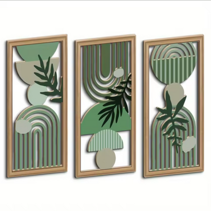 3-Piece Boho Wooden Wall Art Set | Rustic Leaf Pattern Hanging Decor
