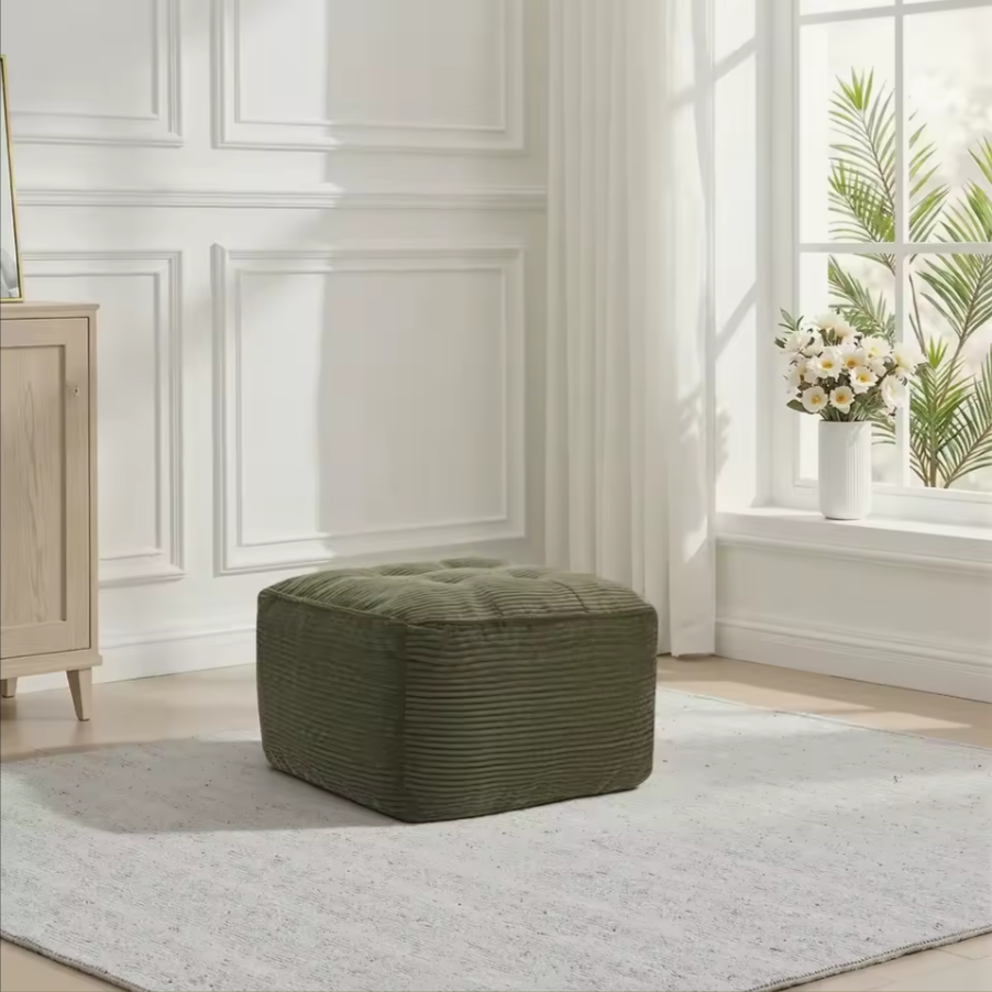 Green Corduroy Upholstered Ottoman | Cozy Living Room Footrest