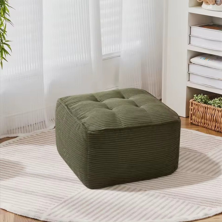Green Corduroy Upholstered Ottoman | Cozy Living Room Footrest