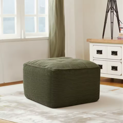 Green Corduroy Upholstered Ottoman | Cozy Living Room Footrest