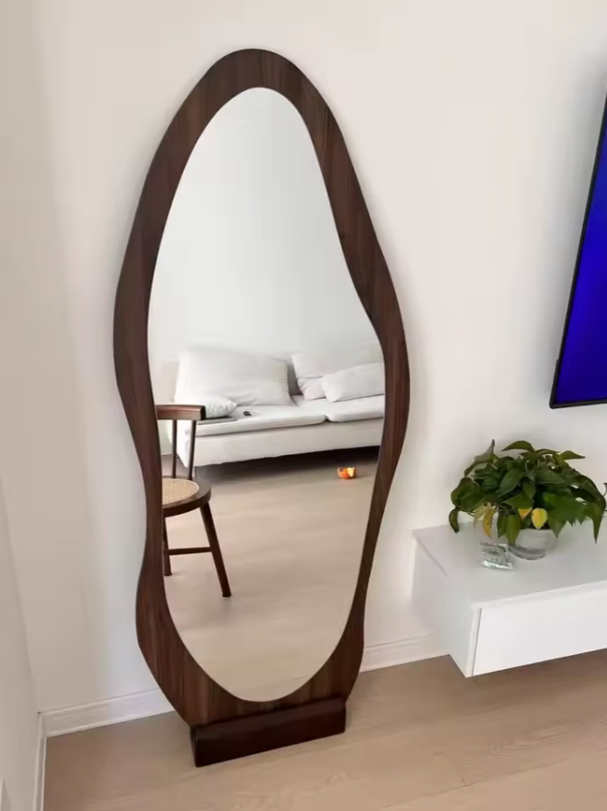 Wavy Wood Frame Full Length Mirror | Modern Oval Floor Mirror
