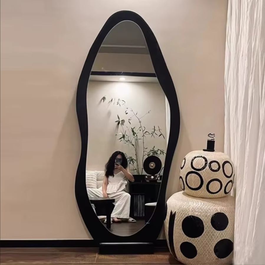 Wavy Wood Frame Full Length Mirror | Modern Oval Floor Mirror