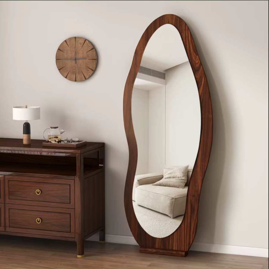 Wavy Wood Frame Full Length Mirror | Modern Oval Floor Mirror