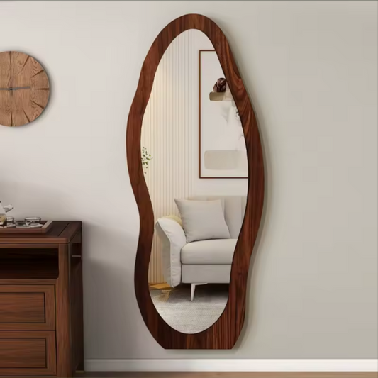 Wavy Wood Frame Full Length Mirror | Modern Oval Floor Mirror
