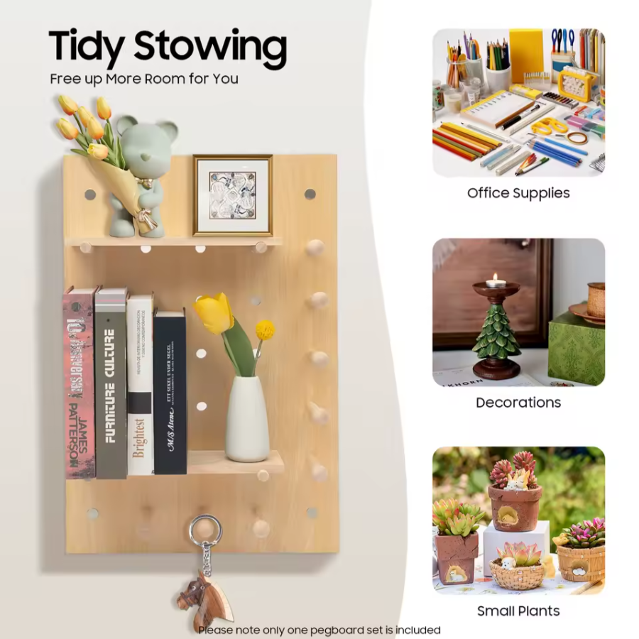Wooden Wall Peg Board | Minimal Compact Storage Organizer