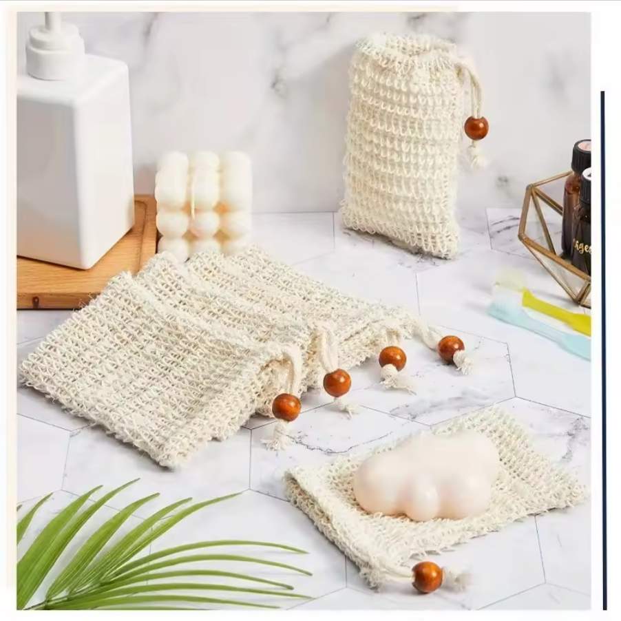 Natural Sisal Soap Pouch Set | Exfoliating Drawstring Soap Saver