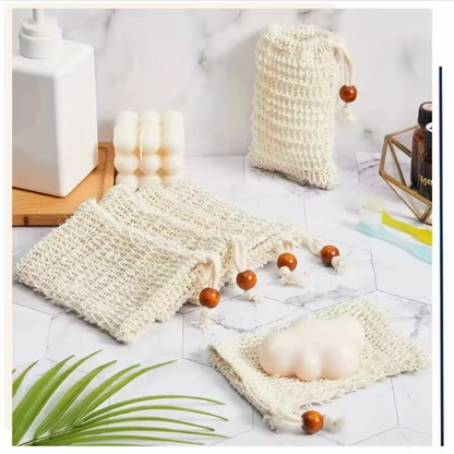 Natural Sisal Soap Pouch Set | Exfoliating Drawstring Soap Saver