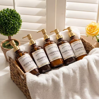 Amber Soap & Lotion Dispenser Set | Refillable Glass Bathroom Bottles