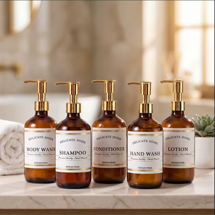 Amber Soap & Lotion Dispenser Set | Refillable Glass Bathroom Bottles