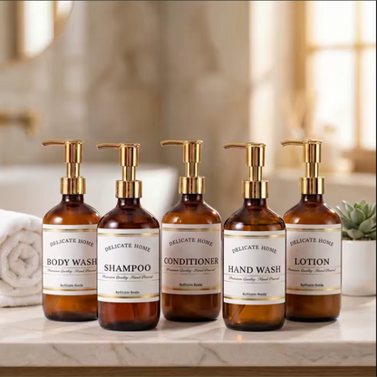 Amber Soap & Lotion Dispenser Set | Refillable Glass Bathroom Bottles