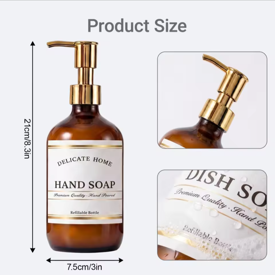 Amber Soap & Lotion Dispenser Set | Refillable Glass Bathroom Bottles