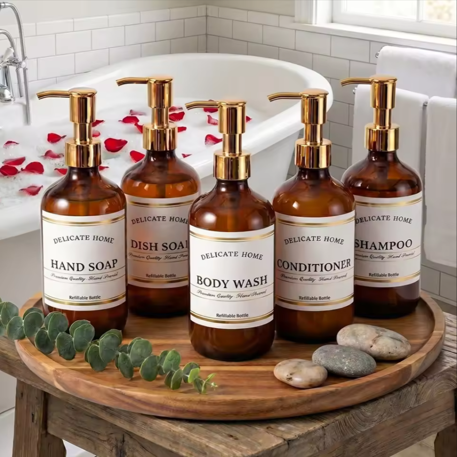 Amber Soap & Lotion Dispenser Set | Refillable Glass Bathroom Bottles