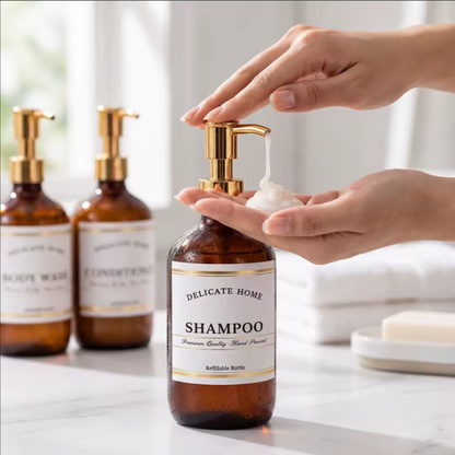Amber Soap & Lotion Dispenser Set | Refillable Glass Bathroom Bottles